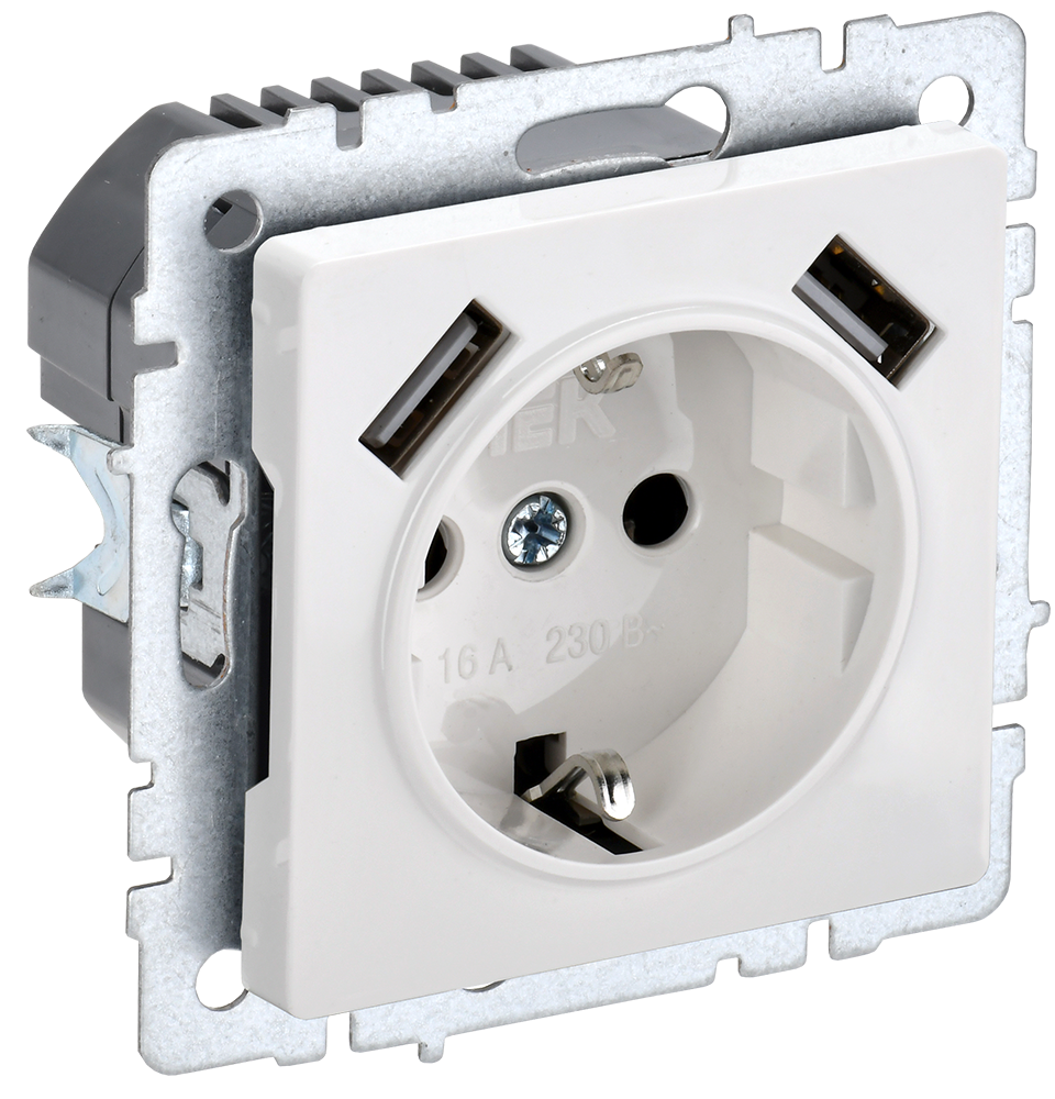 BRITE Розетка 1-местная с заземлением с защитными шторками 16А с USB A+A 5В 2,1А РЮш10-1-БрБ белый IEK