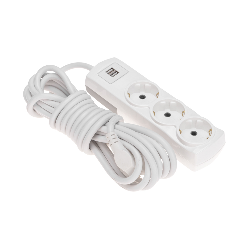 Удлинитель ПРЕМИУМ 3 гнезда, 5м, 3х1,5мм², с/з, 2 USB-разъема, белый REXANT