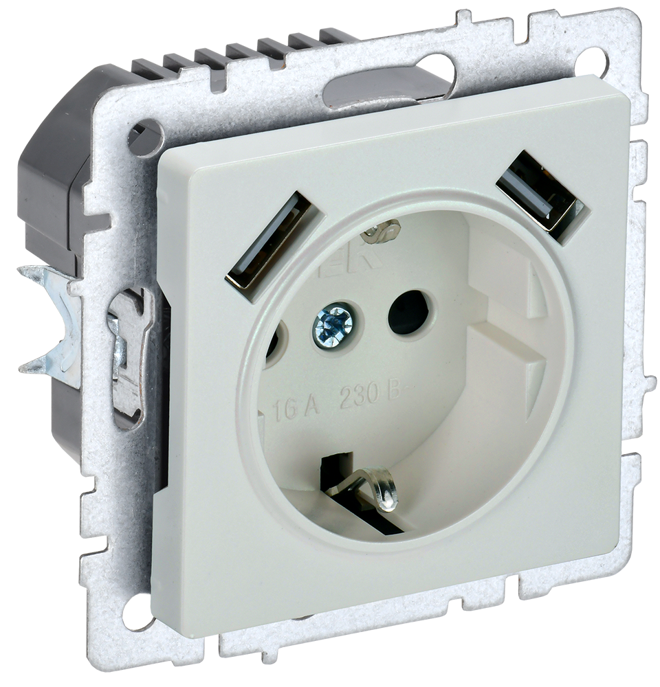 BRITE Розетка 1-местная с заземлением с защитными шторками 16А с USB A+A 5В 3,1А РЮш10-2-БрЖ жемчуг IEK
