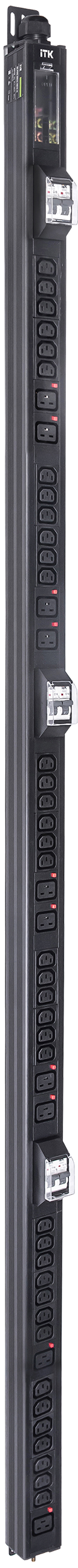 ITK BASE PDU вертикальный PV1113 45U 3 фазы 32А 38 розеток C13 + 10 розеток C19 с клеммной колодкой и кабелем 6м вилка IEC60309 (промышленная) черный