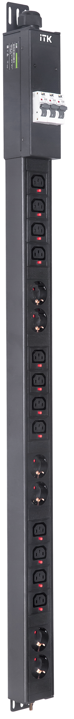 ITK BASE PDU вертикальный PV1113 25U 3 фазы 32А 6 розеток SCHUKO (немецкий стандарт) + 12 розеток C13 с клеммной колодкой и кабелем 3м вилка IEC60309 (промышленная)
