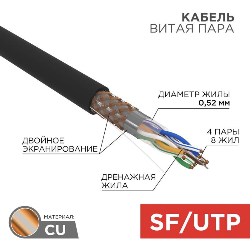 Кабель витая пара SF/UTP, CAT 5e, PE, 4PR, 24AWG, внешний, однопроволочный, черный, 305м REXANT