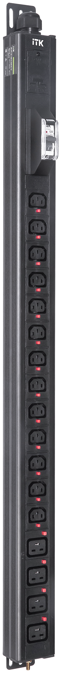 ITK BASE PDU вертикальный PV1112 22U 1 фаза 32А 13 розеток C13 + 4 розетки C19 с клеммной колодкой и кабелем 3м вилка IEC60309 (промышленная)