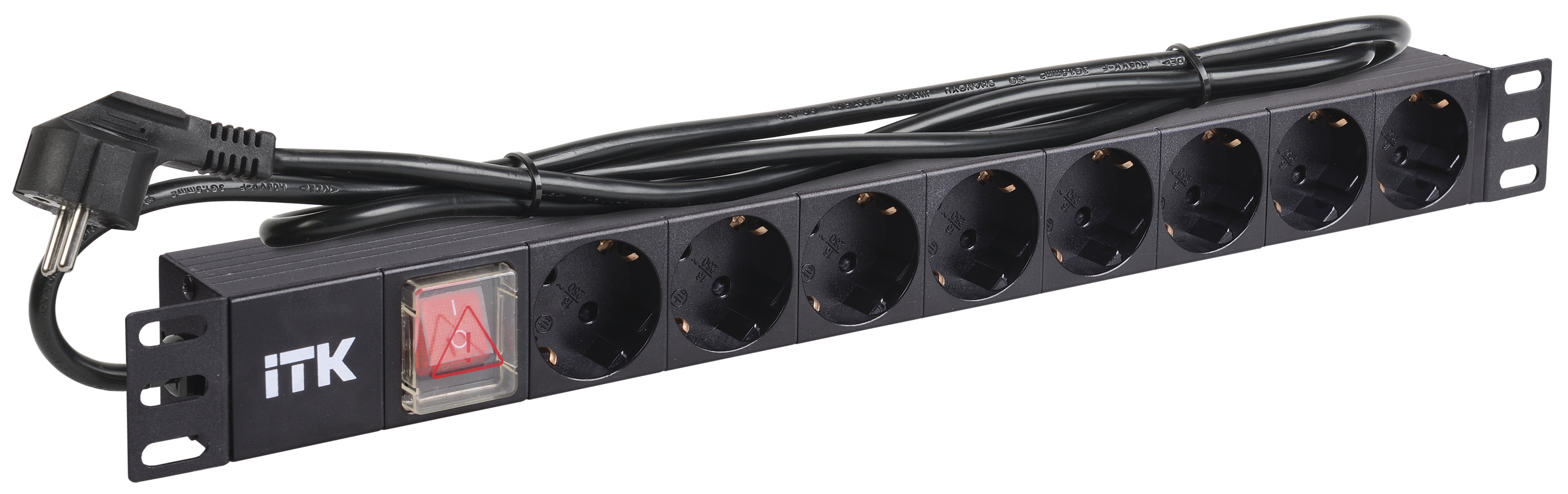 ITK PDU 8 розеток нем. стандарт, с LED выключателем, 1U, шнур 2м вилка нем. стандарт, алюминиевый профиль