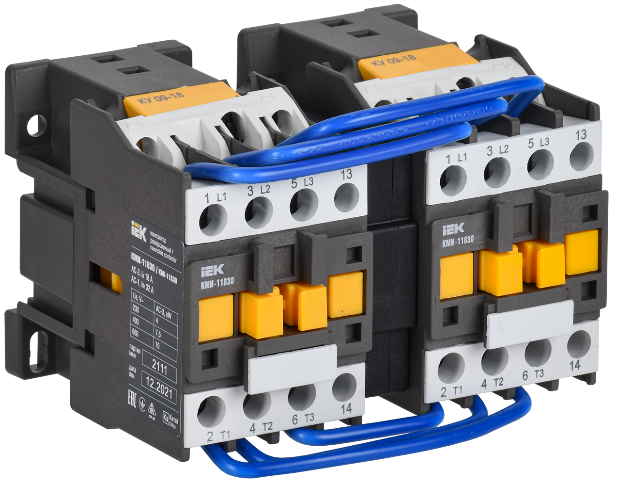 Контактор КМИ-11830 реверс 18А 400В/АС3 2NO IEK
