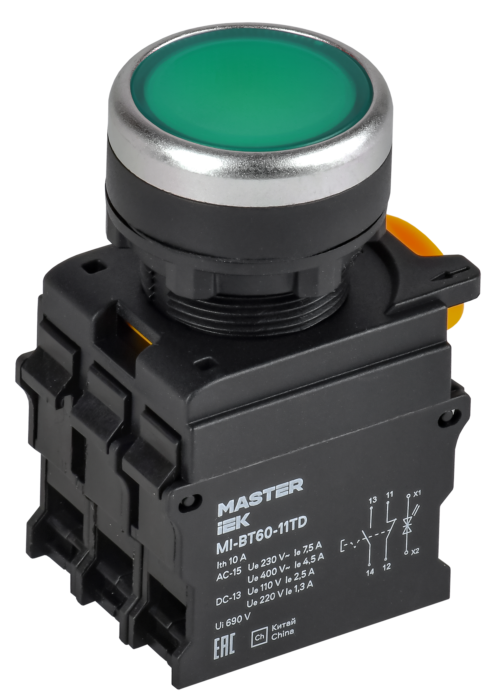 Кнопка с подсветкой и фиксацией d=22мм 1NO+1NC зелёная MASTER IEK