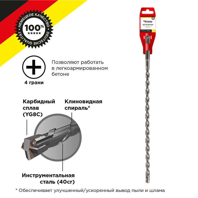 Бур по бетону 10x460x400мм, крестовая пластина, хвостовик SDS-plus KRANZ