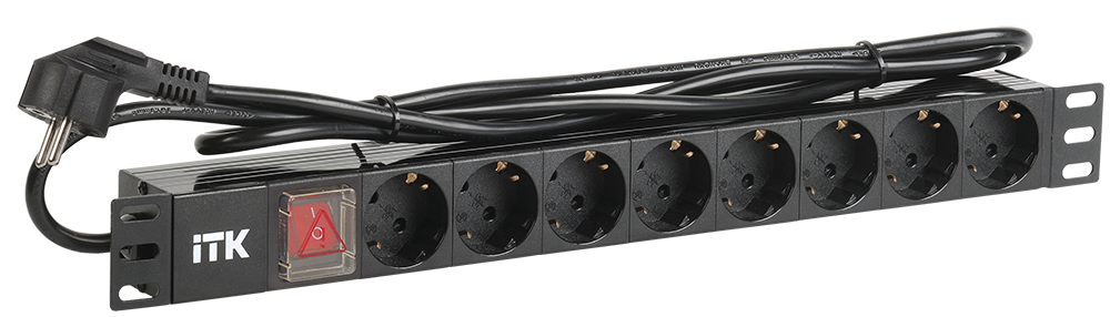 ITK PDU 8 розеток DIN49440 (нем. станд.) с LED выключателем, 1U, шнур 2м вилка DIN49441 (нем. станд.), профиль из ПВХ, черный