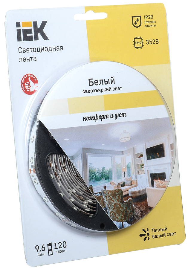 Лента LED 5м блистер LSR-3528WW120-9.6-IP20-12V теплый белый цвет IEK-eco