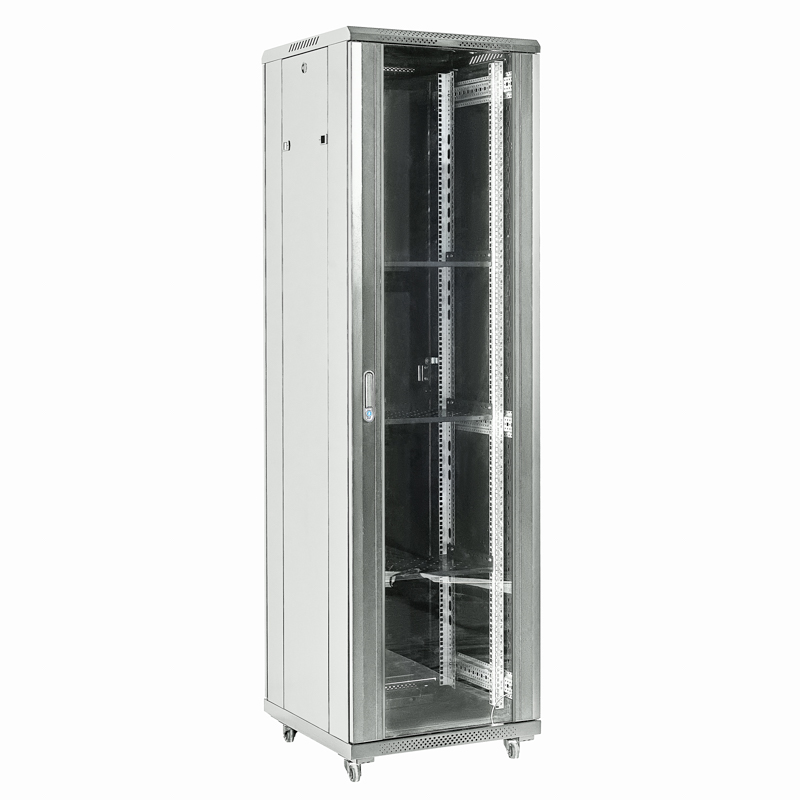 Шкаф телекоммуникационный напольный 19" 18U 600×600×987мм, дверь стекло, задняя дверь металл, разборный, серый (RAL 7035) REXANT