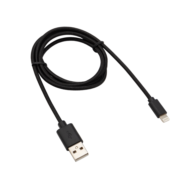 Кабель USB-A – Lightning, 2,4A 1м, в черной нейлоновой оплетке REXANT