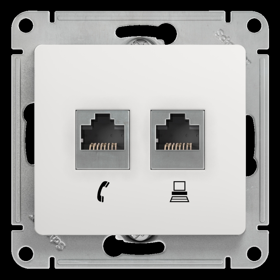 GLOSSA РОЗЕТКА двойная RJ11+RJ45, кат.5Е, механизм, БЕЛЫЙ