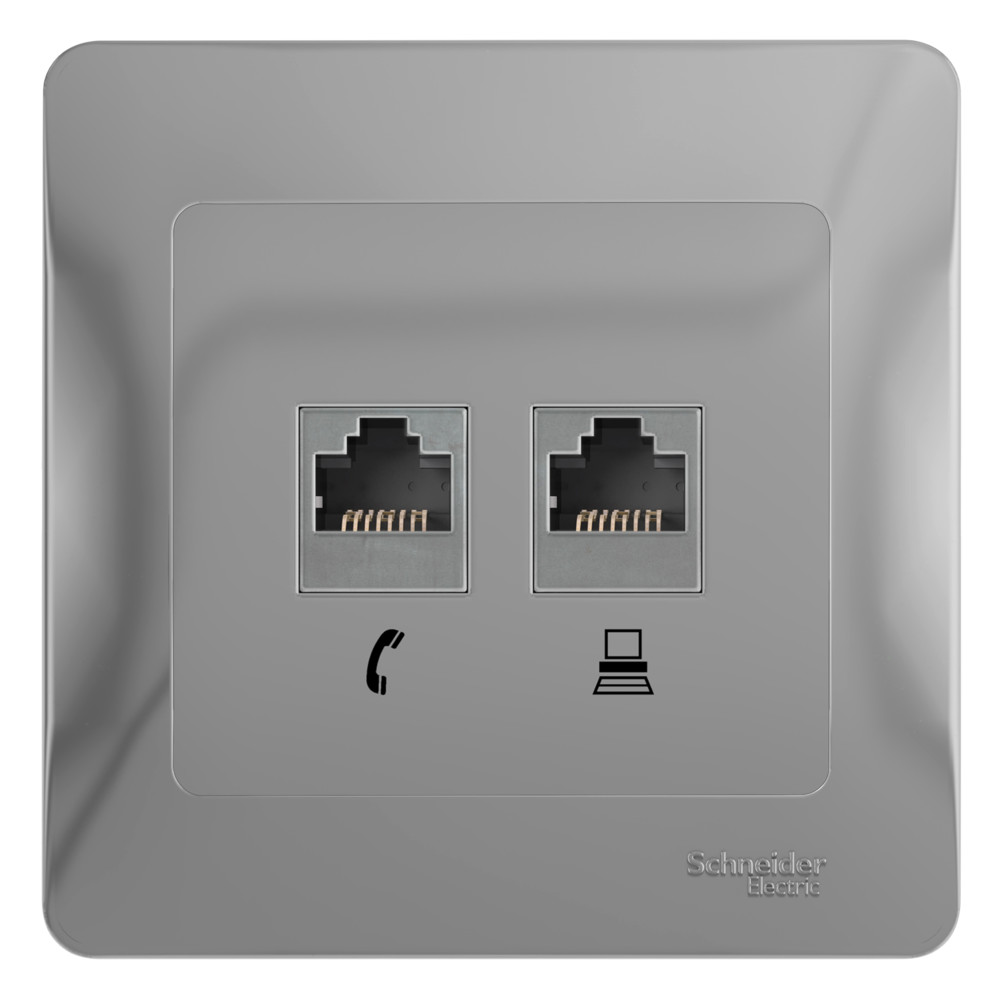 GLOSSA РОЗЕТКА двойная RJ11+RJ45, кат.5Е, механизм, АЛЮМИНИЙ