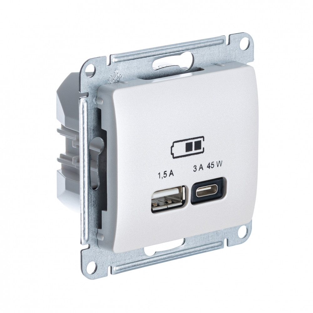 GLOSSA USB РОЗЕТКА A + тип-C 45Вт высокоскор.заряд. QC, PD, механизм, ПЕРЛАМУТР