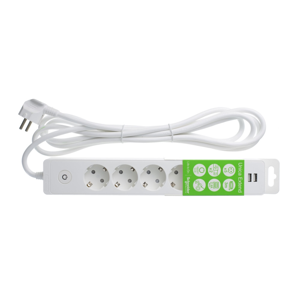 Удлинитель 5 роз.2К+З кабель 3м 2USB БЕЛ