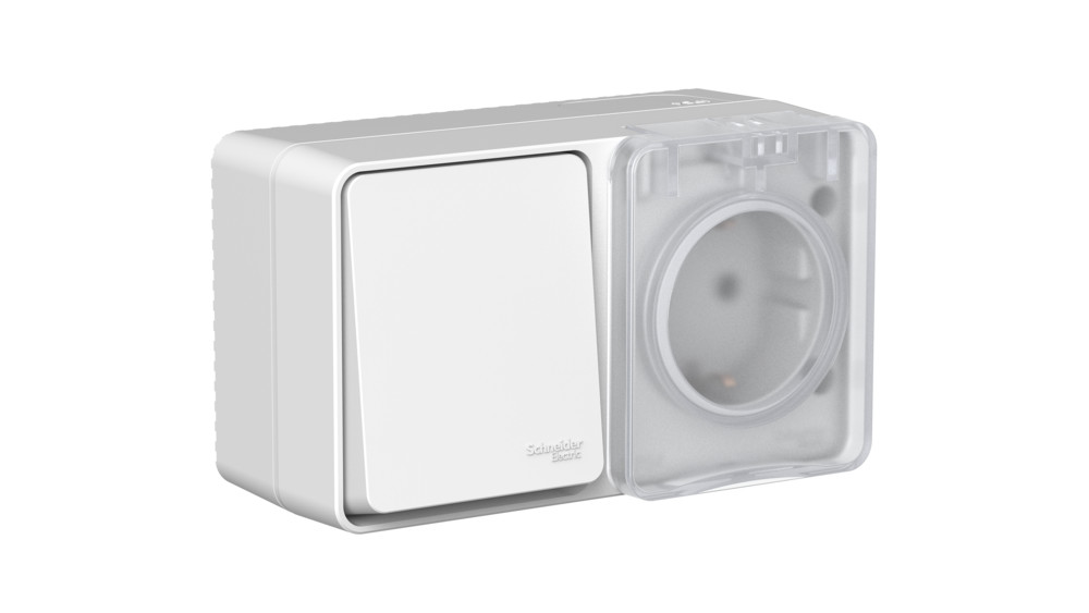 AtlasDesign PROFI IP54 О/У БЛОК: РОЗ. з/к со шт. 16А, ВЫКЛ.1-клав.10А, СЕРЫЙ